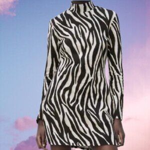 ZARA bodycon MINI DRESS Sz SMALL ZEBRA PRINT LONG SLEEVES made in MOROCCO